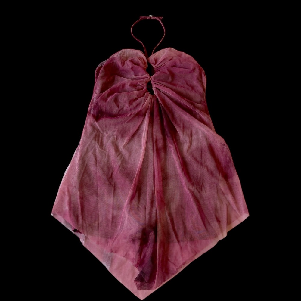 Y2K Kelle Burgundy Mesh Halter Handkerchief Hem Tunic Top Babydoll Med Romantic
